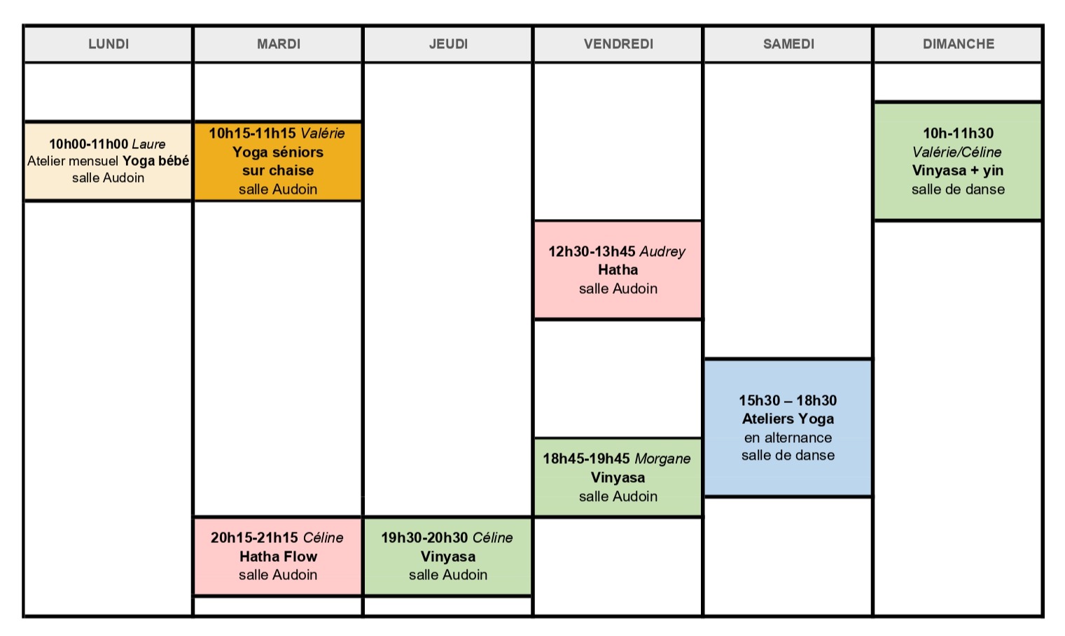 Planning des cours hebdomadaires